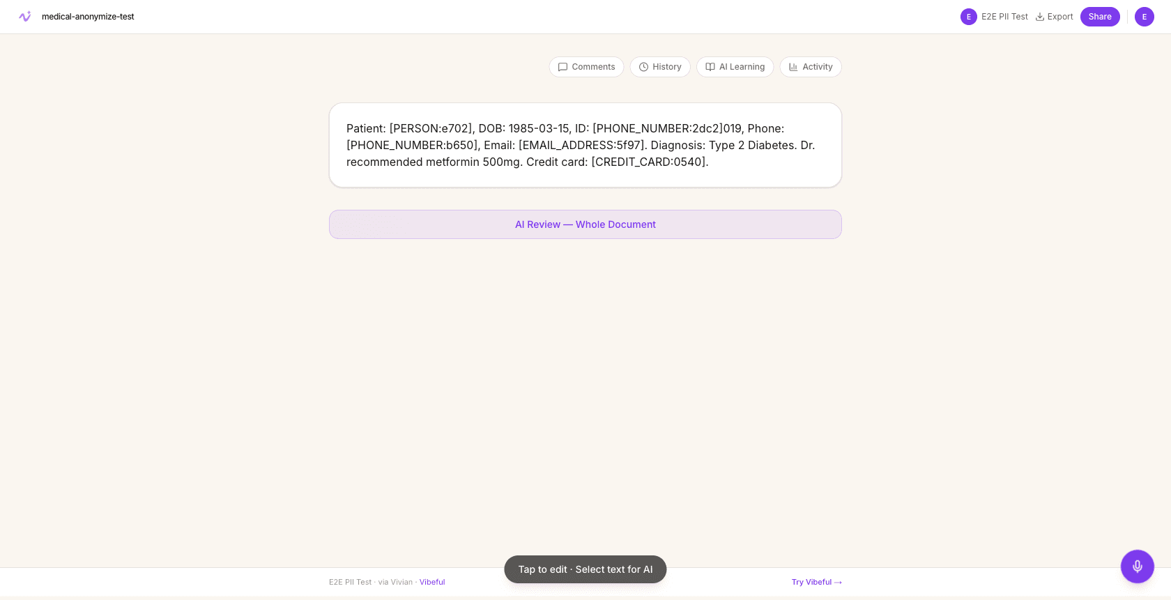 Document view showing anonymized content with PII tokens
