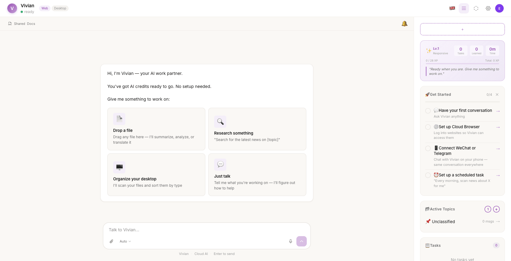 Vibeful workspace showing file upload area